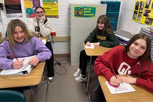 The Spanish 1 class at Penn Middle School participated in the card campaign; (left to right) eighth-graders Gianna Allen, Evelyn Bartlebaugh, Adalynn Vasy, and Jayden Shank