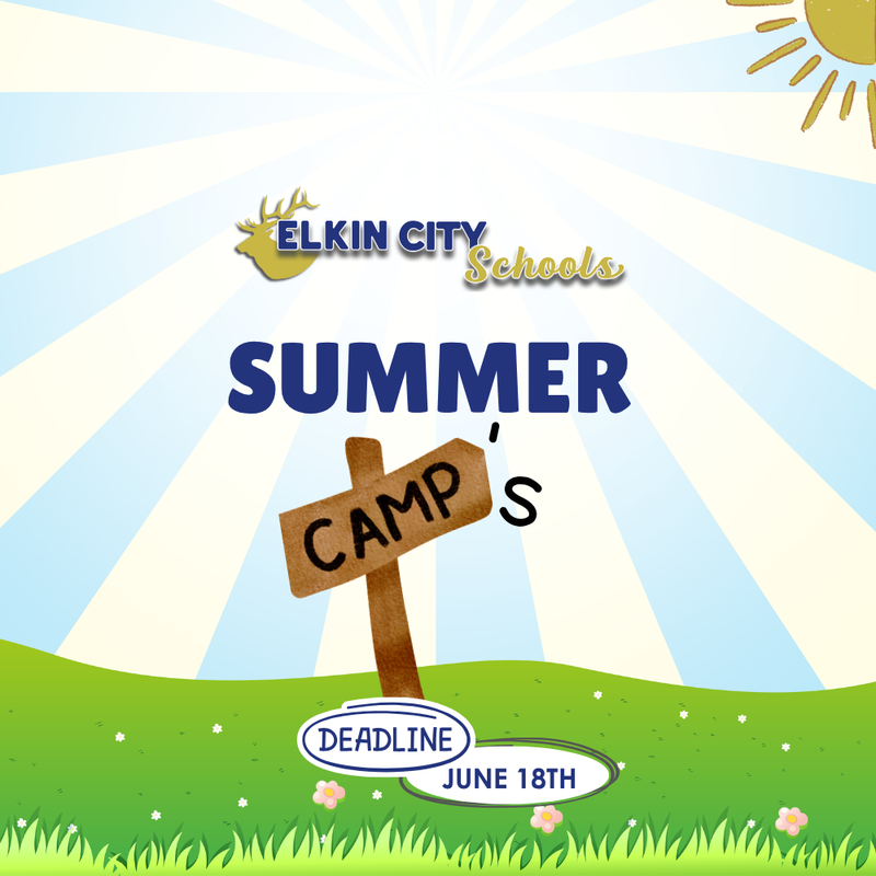 Feature Photo: Summer Camp feature photo. Green grass, blue sky, ECS logo and Summer camps in Blue Font.