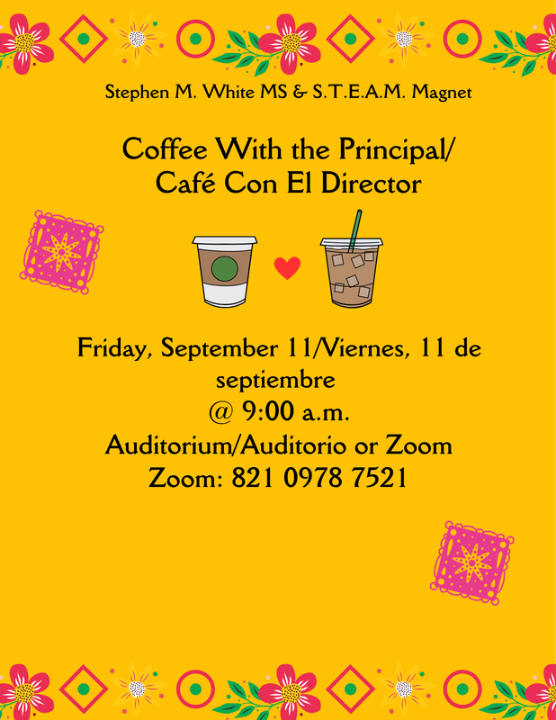 Coffee with the Principal this Friday, September 11th at 9:00 a.m.  Join us in person or on zoom.