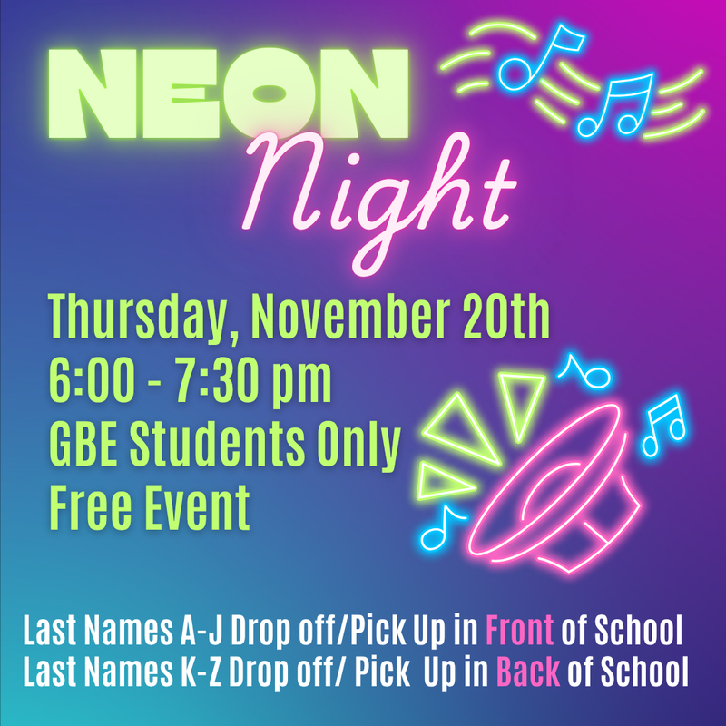 Neon-themed event announcement with colorful text and musical notes.