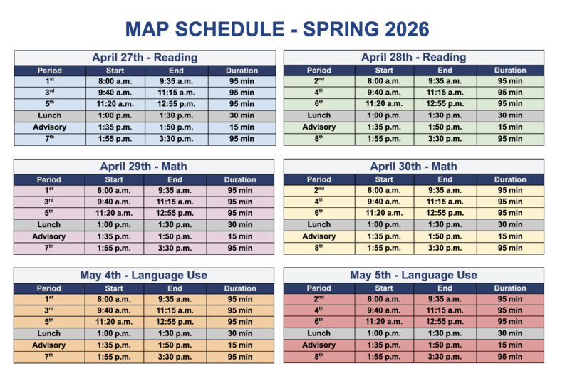 The image displays the MAP Schedule - Spring 2026, organized into six colorful tables detailing testing dates for Reading, Math, and Language Use. Each table includes columns for Period, Start time, End time, and Duration.