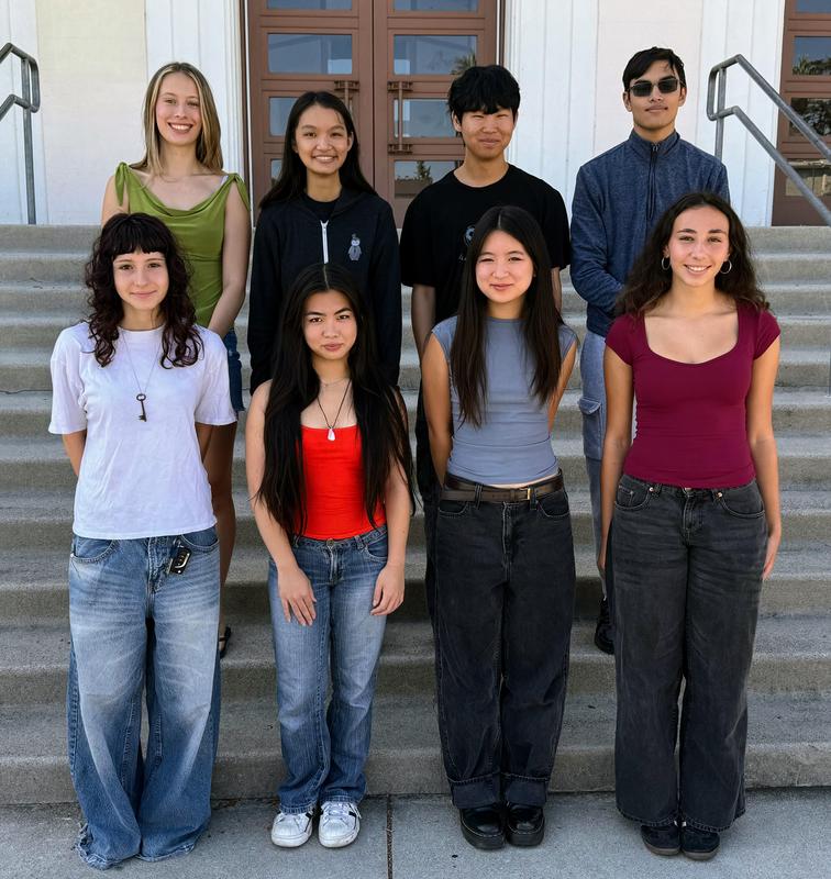 Newly named 2026 National Merit Semifinalists front row (left to right): Solana Singer, Sarah Kano, Elizabeth Chung, Rose Vandevelde. Back row (left to right) includes Anna Kowal, Alexa Chang, Mason Asakura, Gihan Van Kerkhove (Photo Courtesy of South Pasadena Unified School District)
