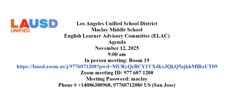 ELAC Meeting 11-12-25 Agenda