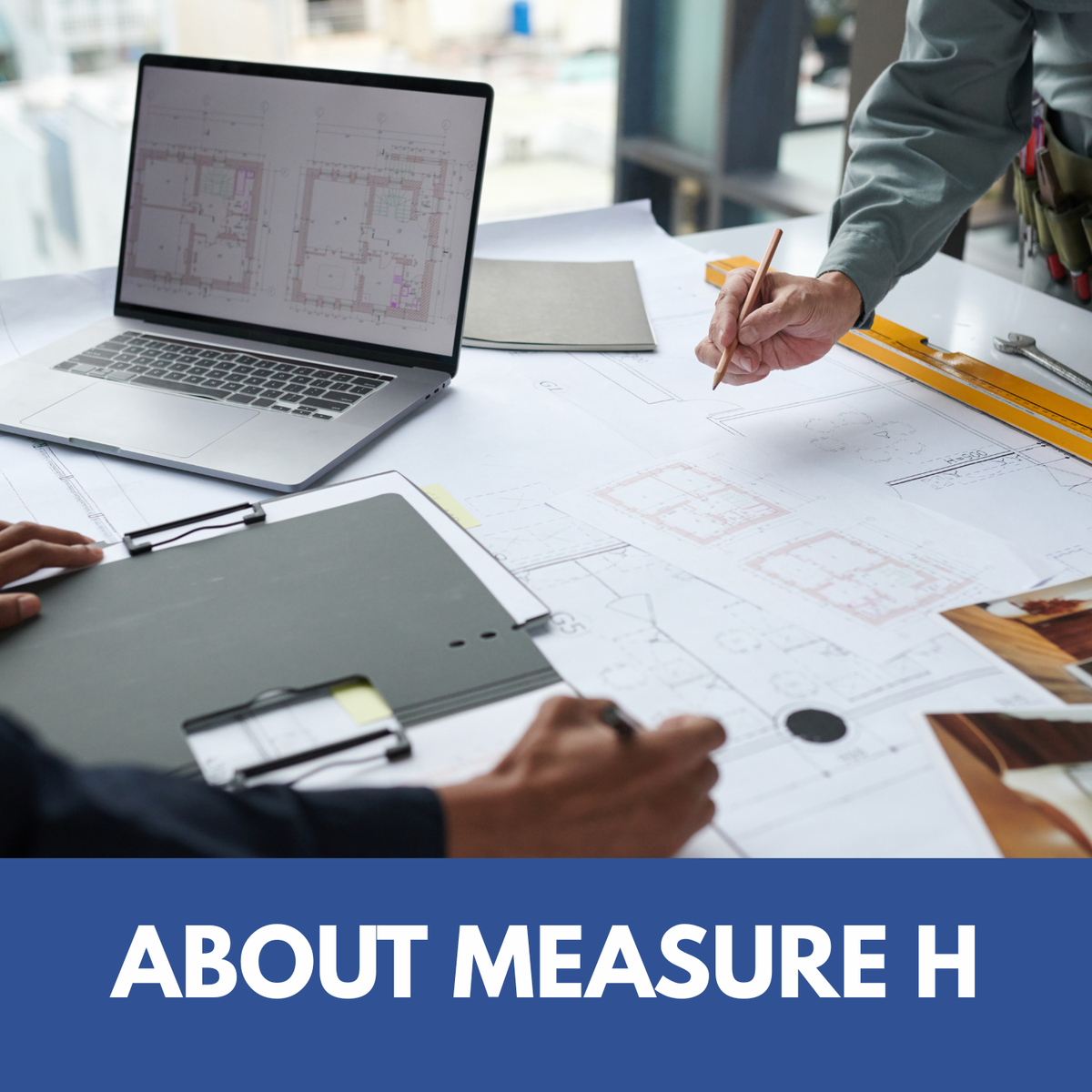 square graphic with photo inserted of lap top with construction plans and hands holding pencils