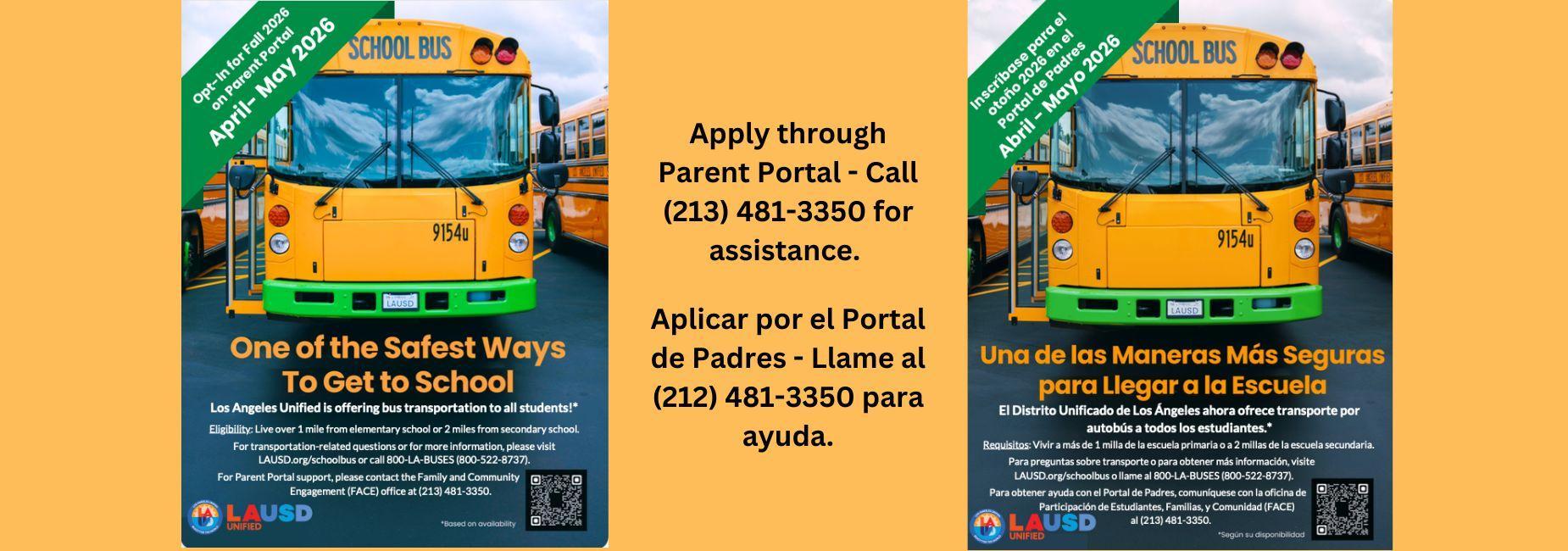 If your child lives 2 miles away from South Gate Middle School, you can apply for transportation through the LAUSD Parent Portal. If you need assistance call (213) 481-3350. For more information regarding transportation, call 800-522-8737.