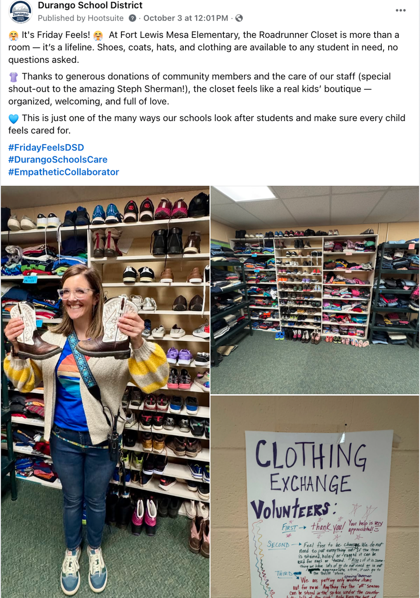 A Facebook post screenshot explains a Roadrunner Closet of clothing items for kids