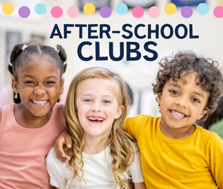 Three smiling elementary kids with text saying After-School Clubs