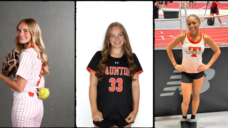 Three Taunton High School student-athletes pose in their uniforms. From left to right, a softball player holding a glove and ball, a field hockey player wearing a Taunton jersey, and a track athlete standing on an indoor track, all smiling confidently.