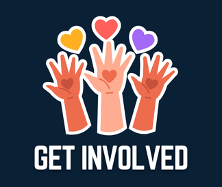 Get Involved with a sticker of three hands reaching up towards colorful hearts