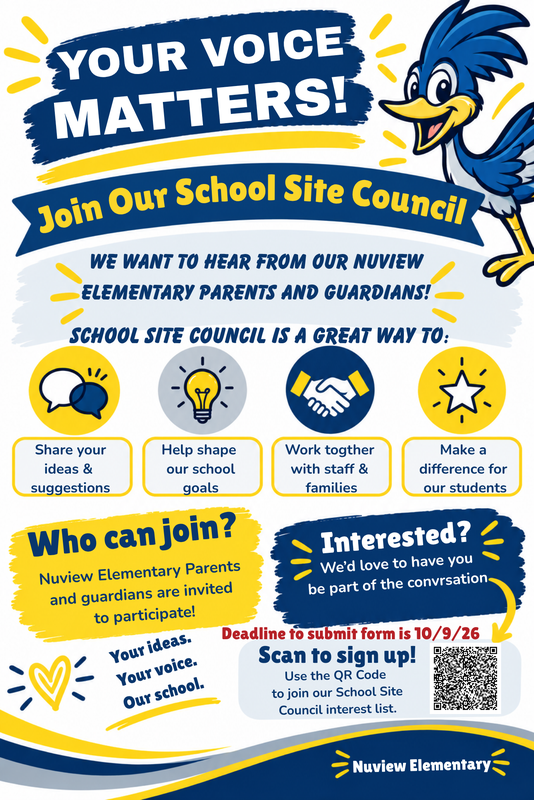 School Site Council invitation for parents and guardians to share ideas and join the school community
