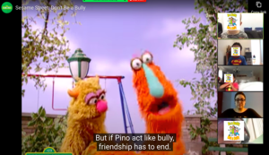 Sesame Street scene with caption "If Pino act like bully, friendship has to end."