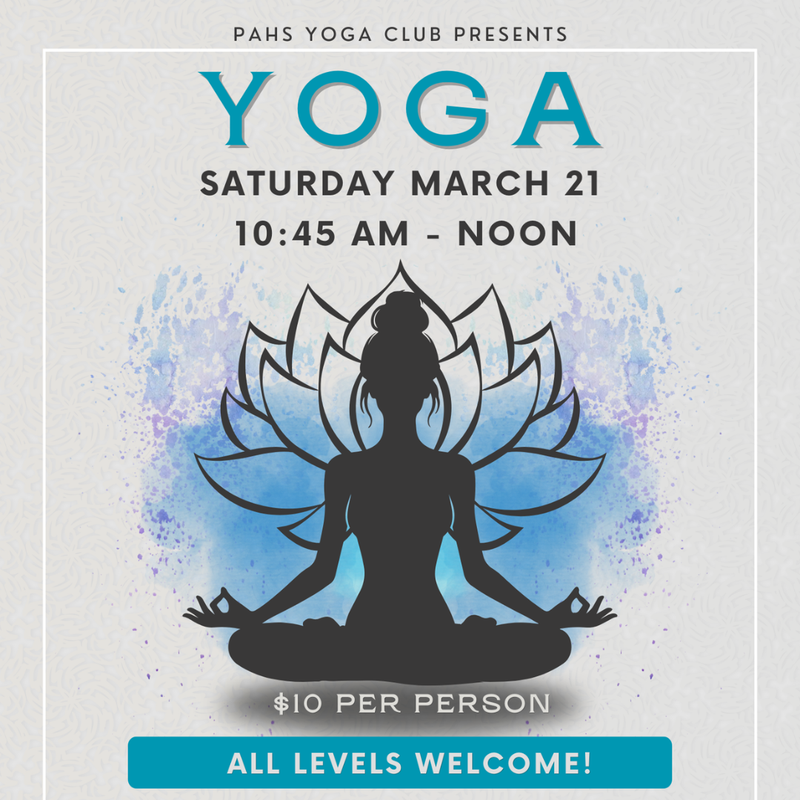 grey background with clipart of lotus flower and female silhouette in yoga pose with legs crossed