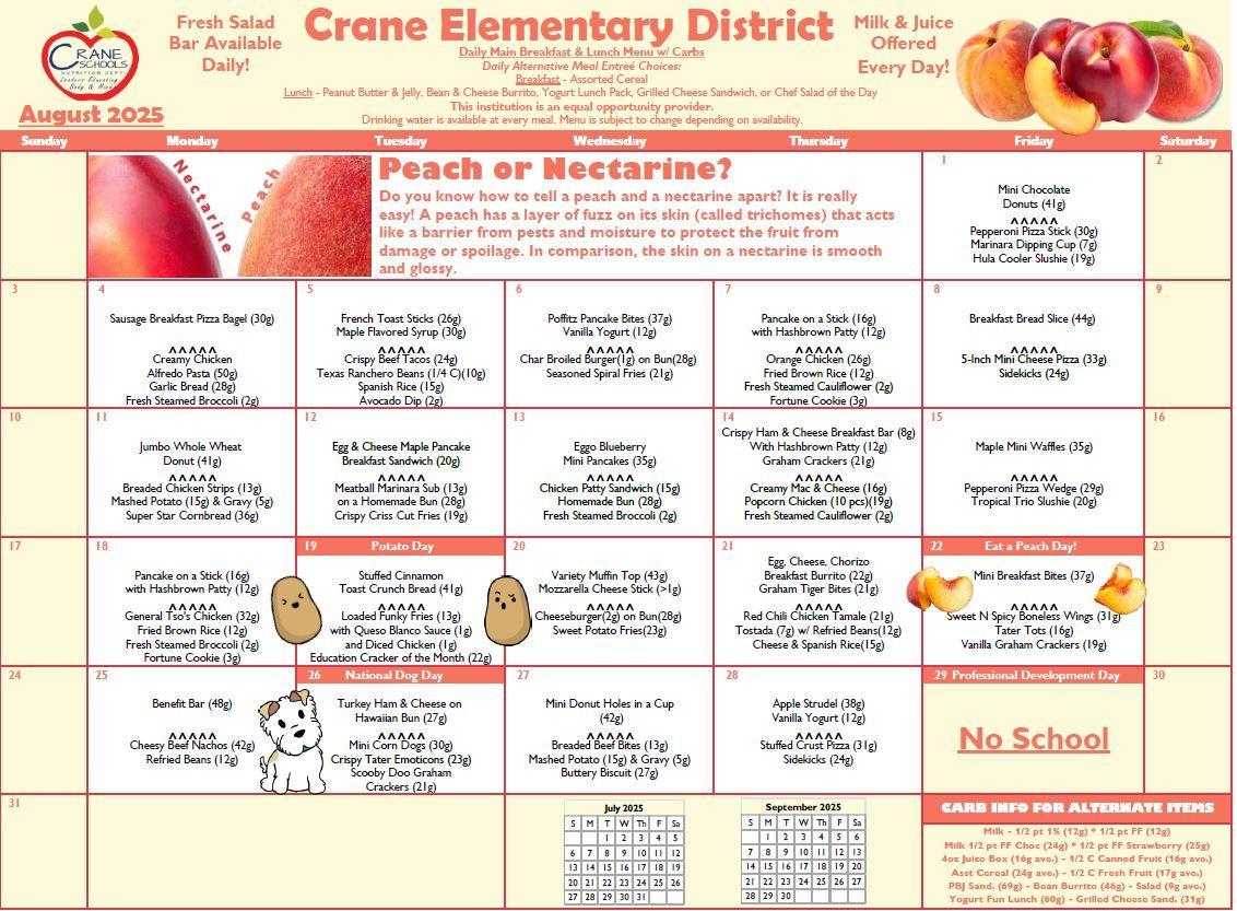Crane Schools August 2025 Menu