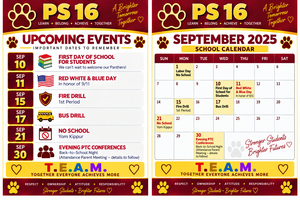 P.S. 16 September Calendar of events