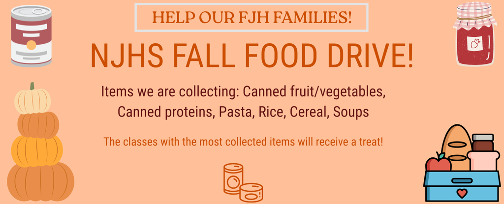 Fall food drive announcement with canned goods and pumpkins.