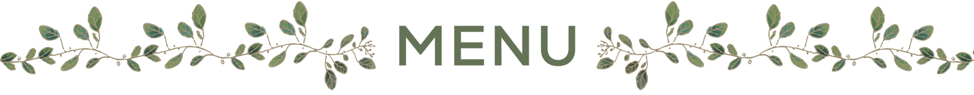 Decorative divider with leafy vines on both sides and the word “Menu” in green centered between them.