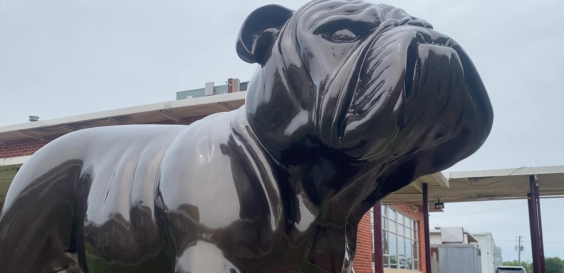 A large black bulldog statue in front of a school building.