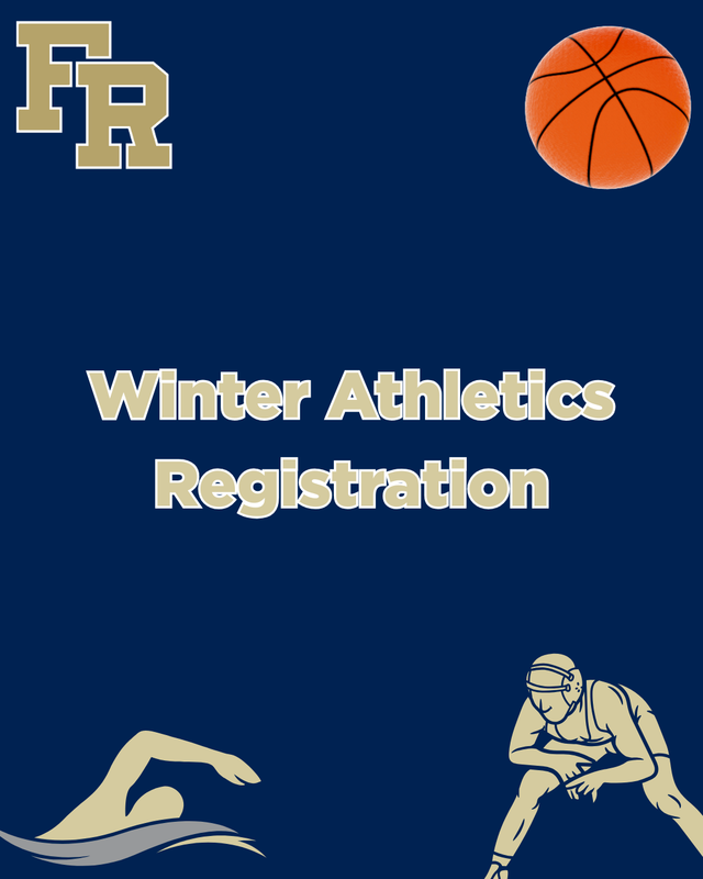 The image has the FR logo with the words Winter Athletics Registration. The image shows a swimmer, wrestler, and a basketball.