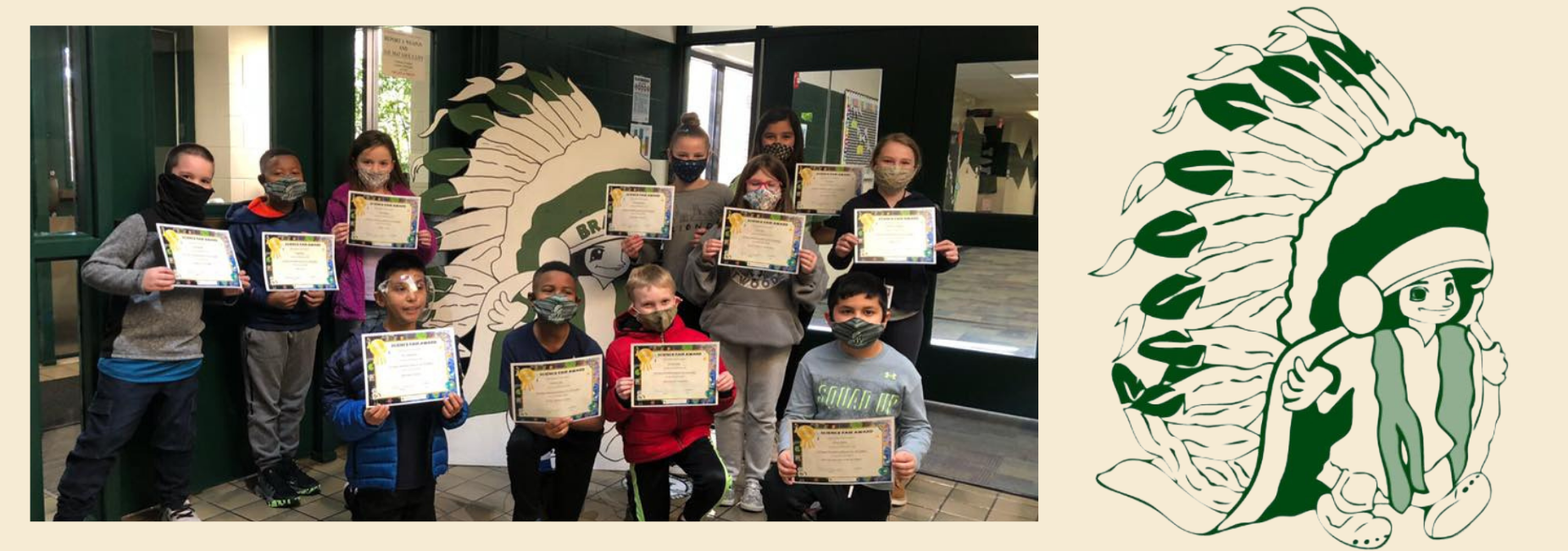group of students in facemasks holding certificates beside the school logo