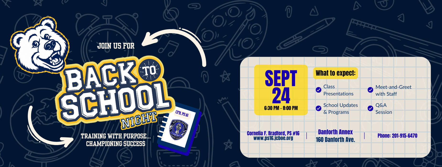Promotional graphic for Back to School Night with event details and a bear mascot.