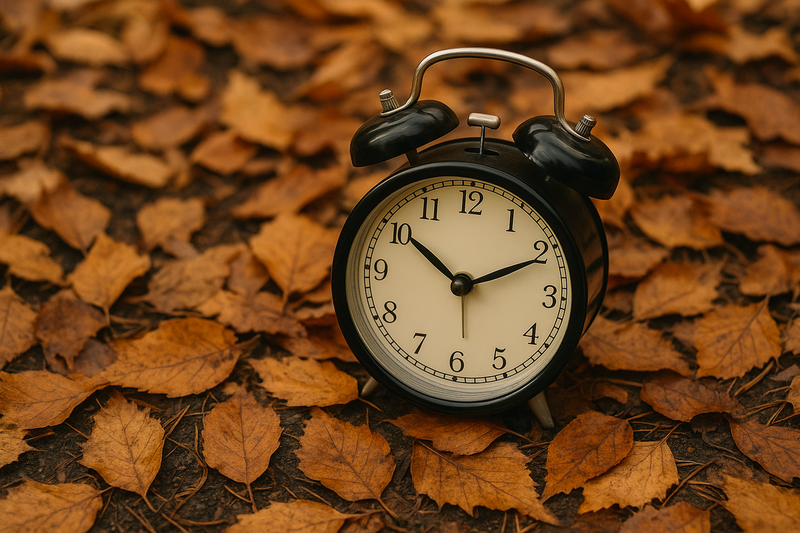 A clock on a forest floor covered in autumn leaves