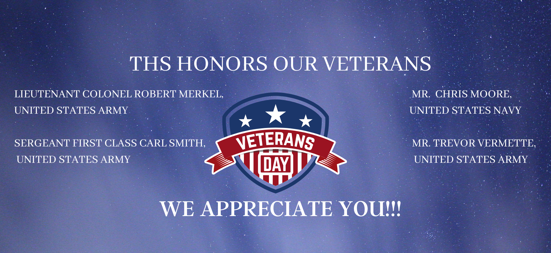Names of school teachers who are veterans on a blue background. A medal in red and white stripes that says Veteran's Day