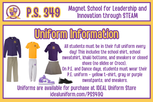 Purple school polo shirt, khaki skirt and pants, and yellow and gray p.e. uniform