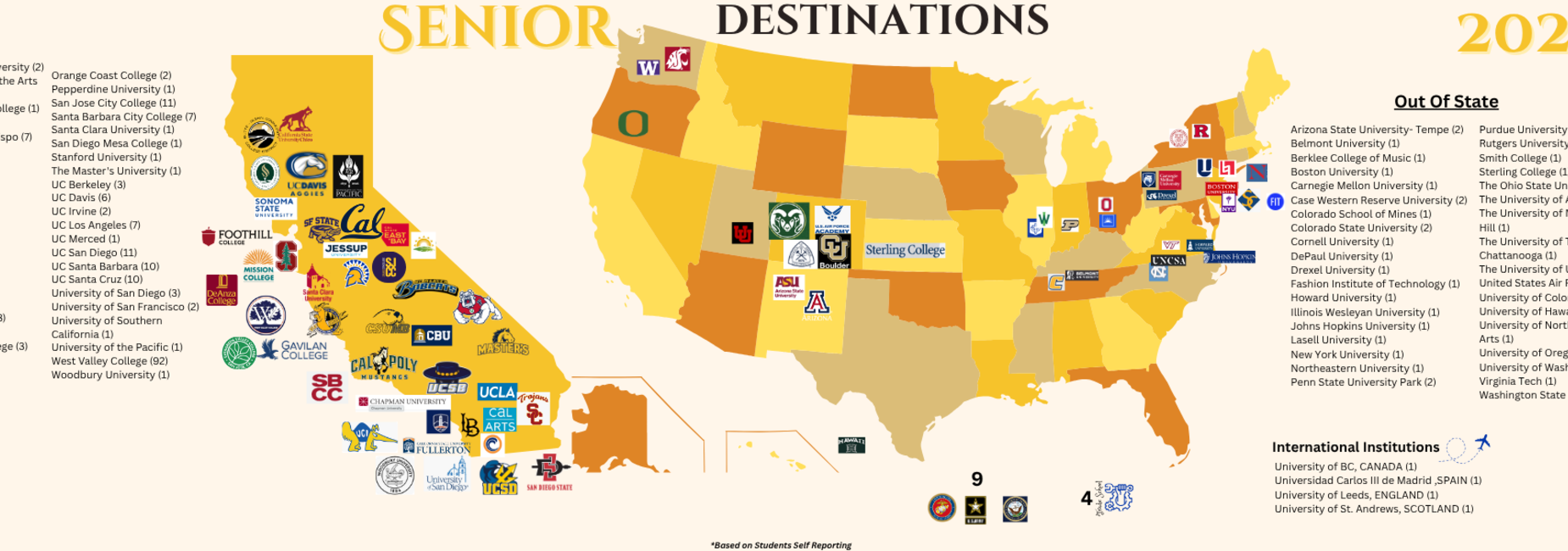 A map layout of where all the 2026 graduating seniors went to college.