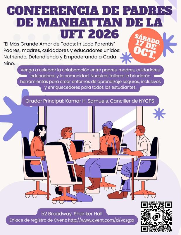 Event flyer in Spanish for UFT Manhattan Parent Conference 2026 with details and illustrations.
