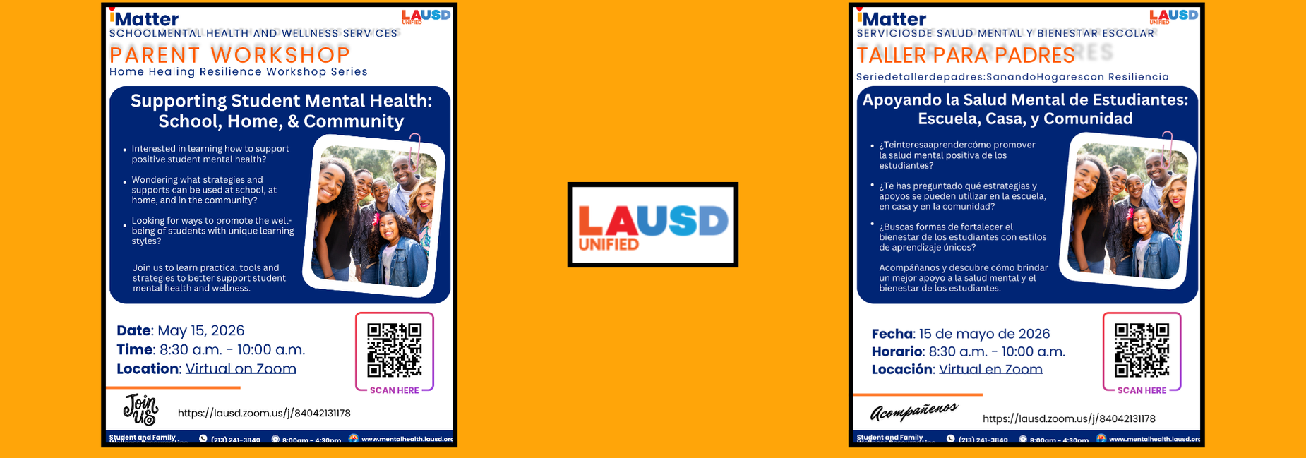 School Mental Health and Wellness Services Virtual Workshop for Parents on May 15, 2026 from 8:30am to 10:00am / Taller Virtual de Servicios de Salud Mental y Bienestar Escolar el 15 de mayo, 2026 de 8:30am a 10:00 am