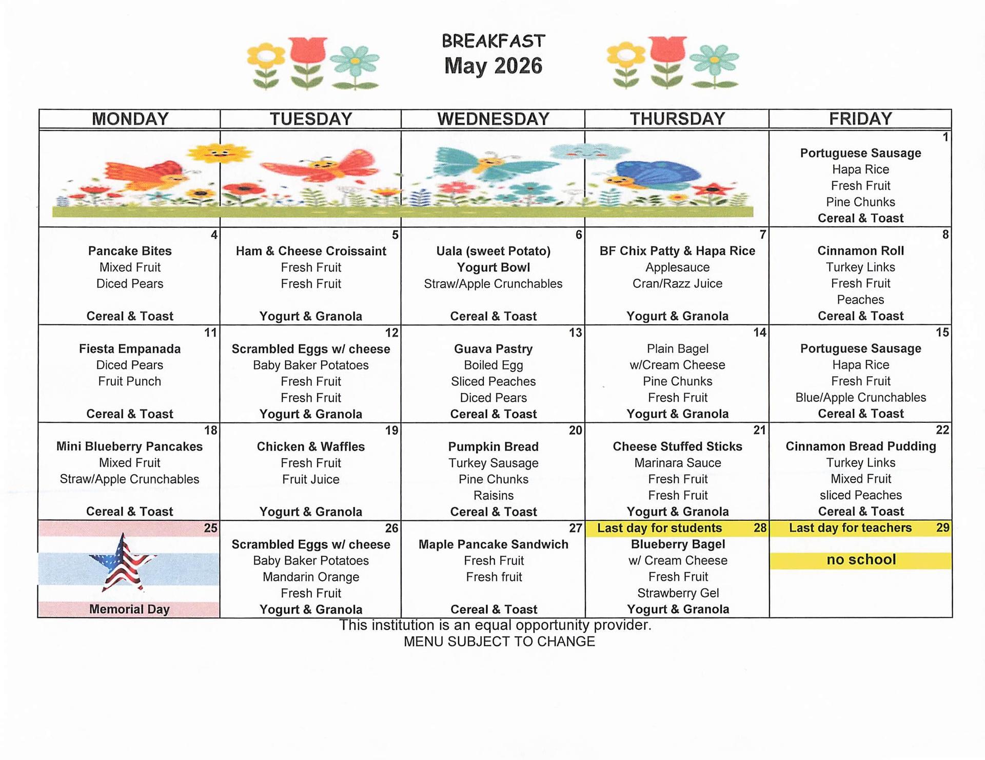 Breakfast Menu - May
