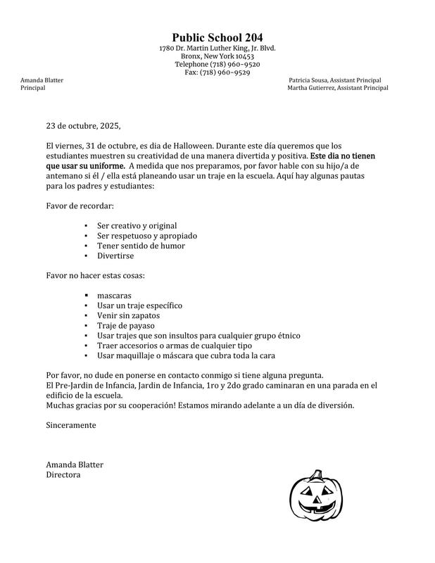 Halloween parent letter