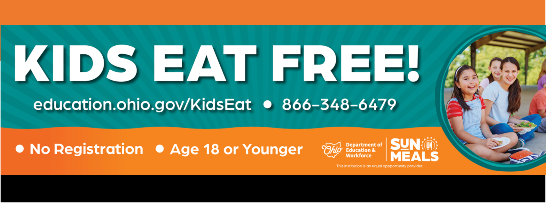 summer food program. kids eat free. call 866-348-6479
