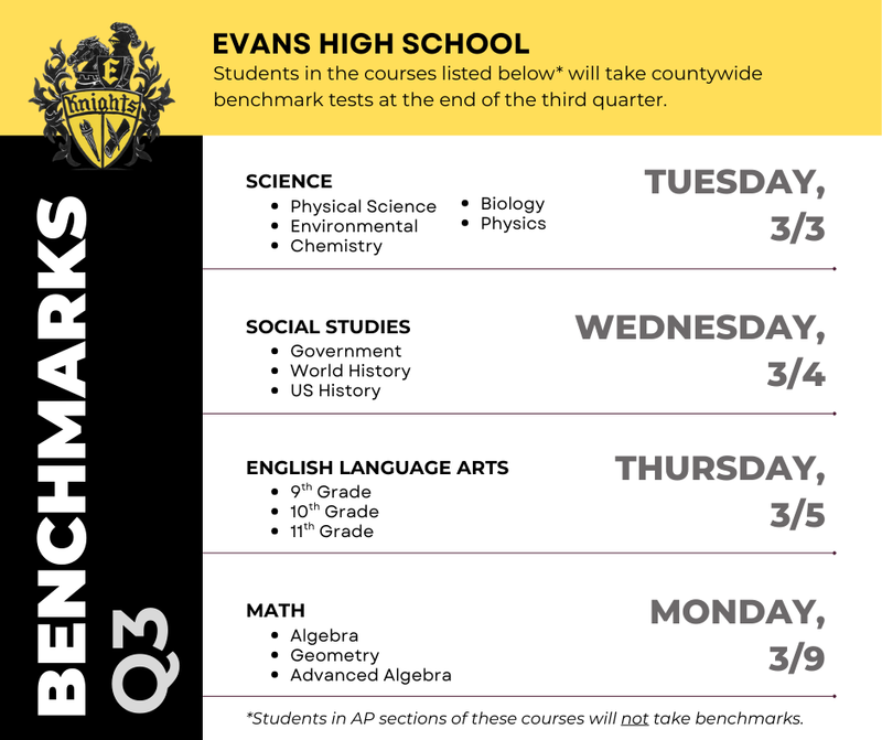 Flyer showing dates of Benchmark tests in March 2026