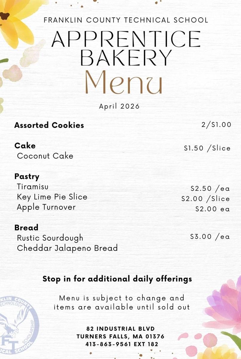 Bakery Menu 2026 April 