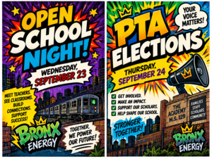 comic book image of open school night on september 23 and pta elections on september 24