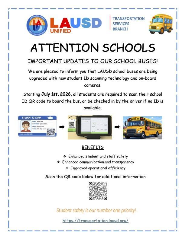 Student ID card, QR code scanner, and a school bus