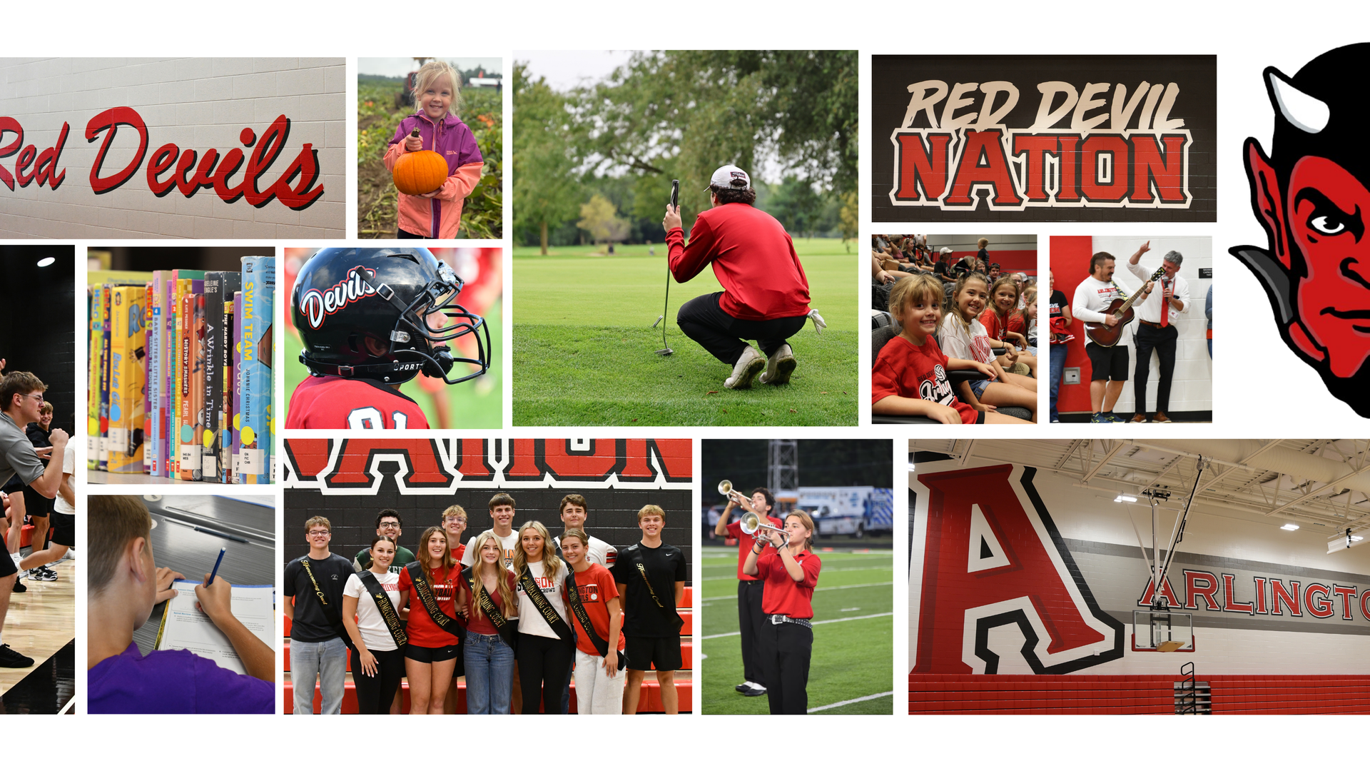 Images of school life, sports, and community highlights, emphasizing school pride and events.