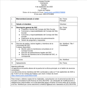 SSC Orientation Agenda Spanish
