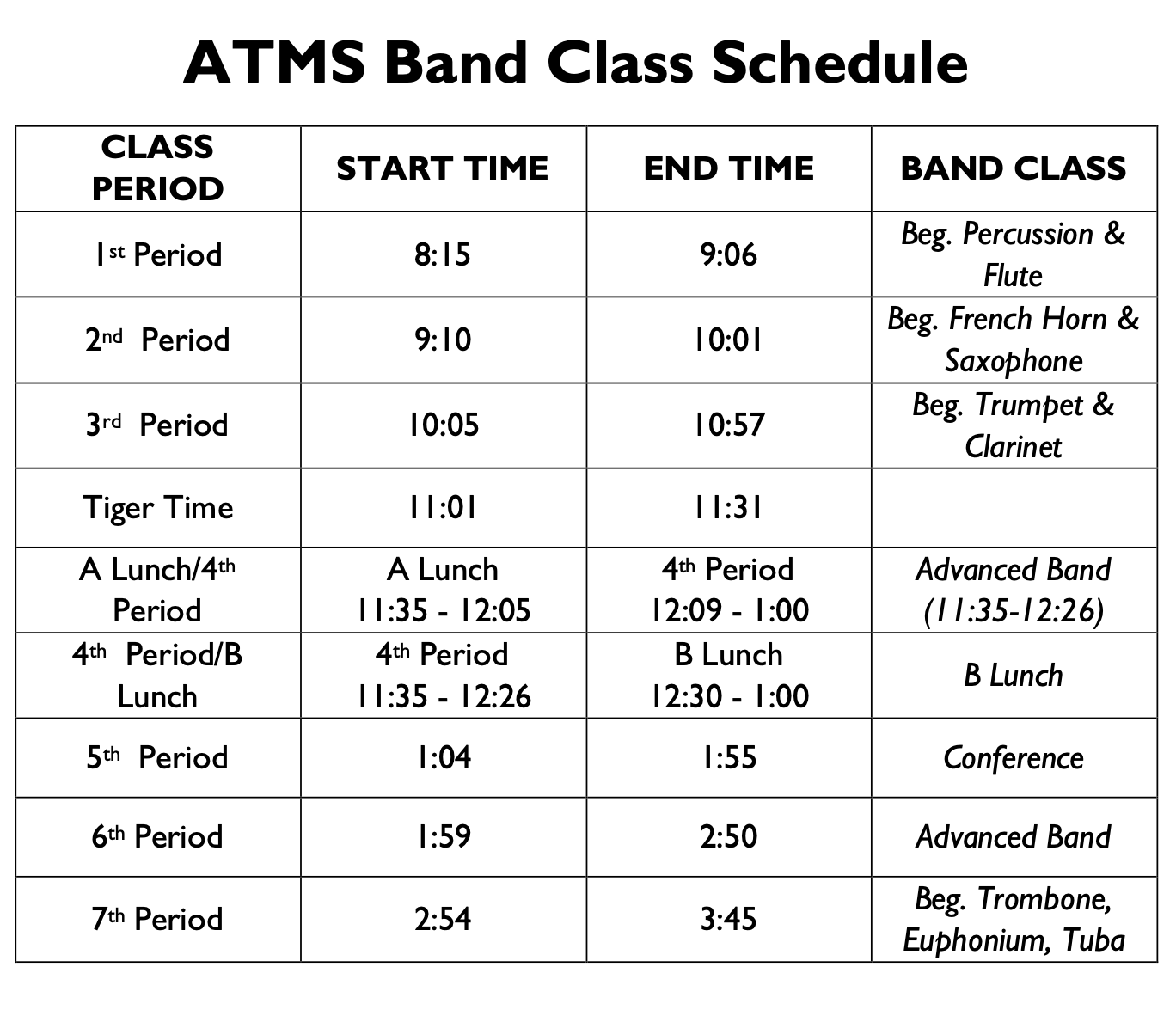 Schedule Calendar Band Alcove Trails Middle School