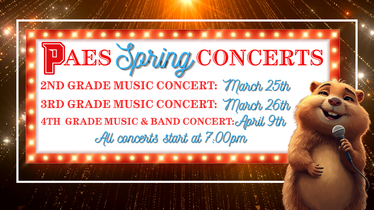 groundhog singing into a microphone with the dates of the spring concerts 3/25, 3/26, & 4/9