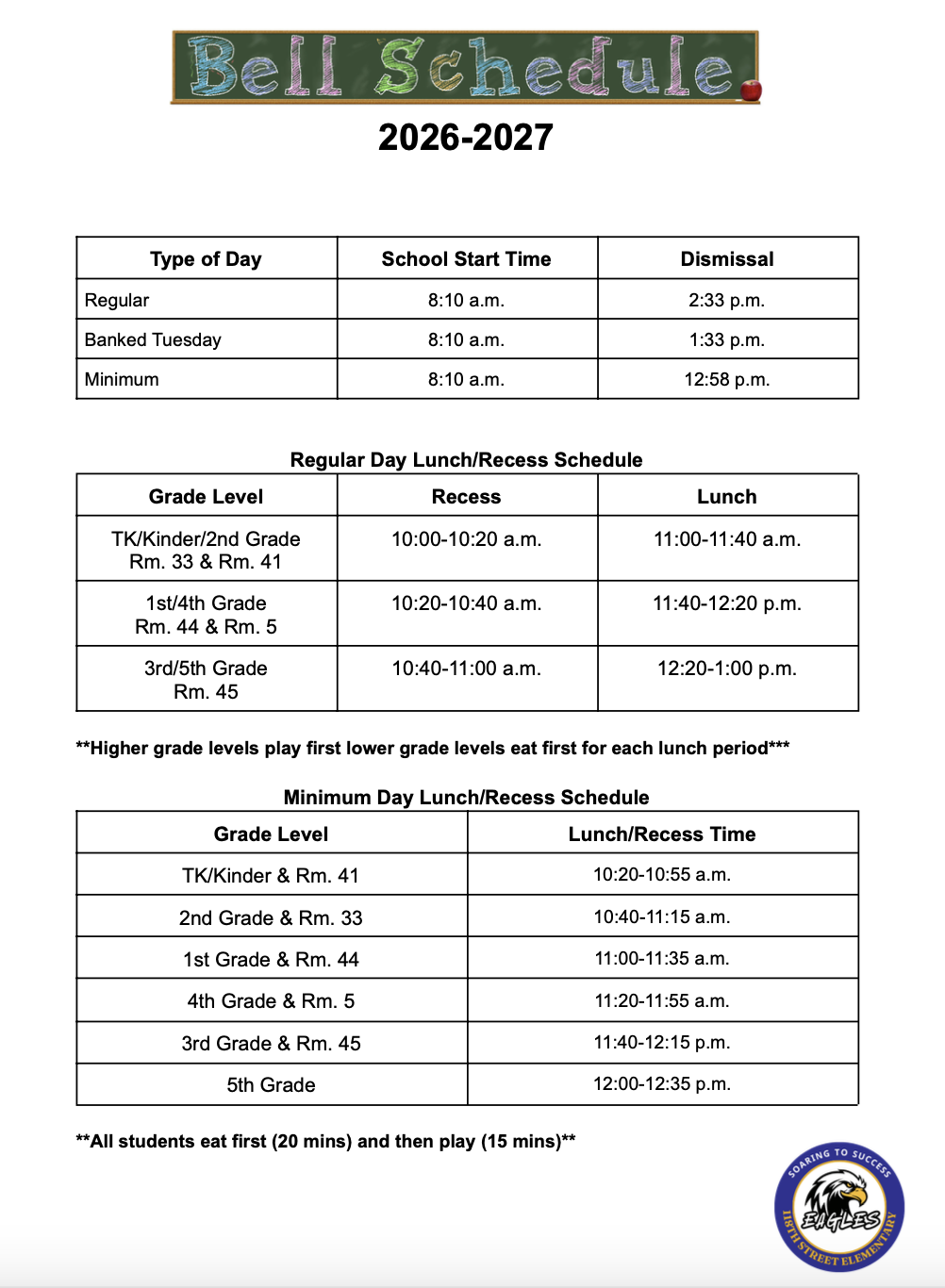 Bell Schedule – OUR SCHOOL – 118th Street Elementary