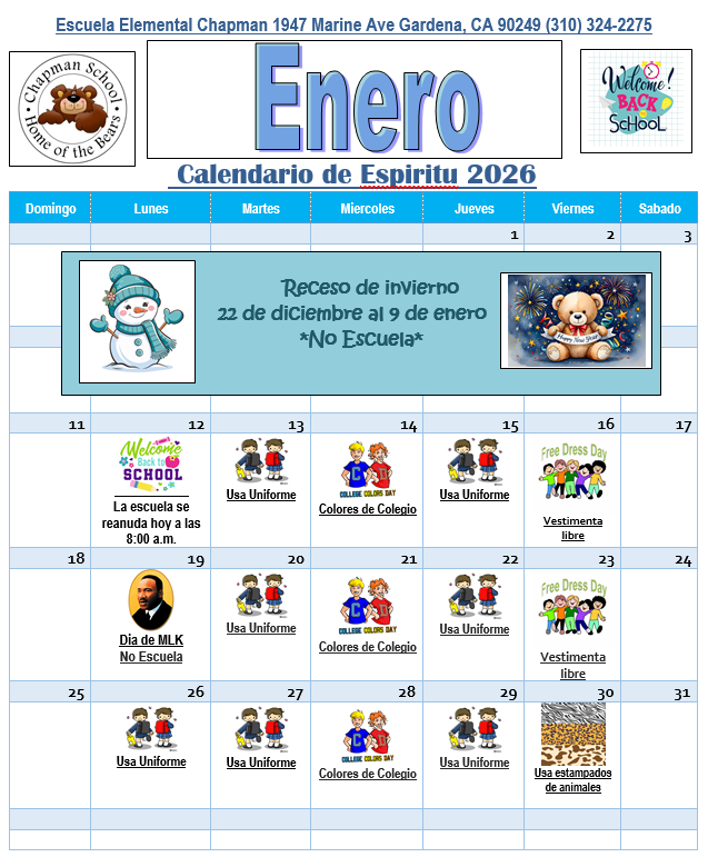Spirit Calendar – Students – Chapman Elementary