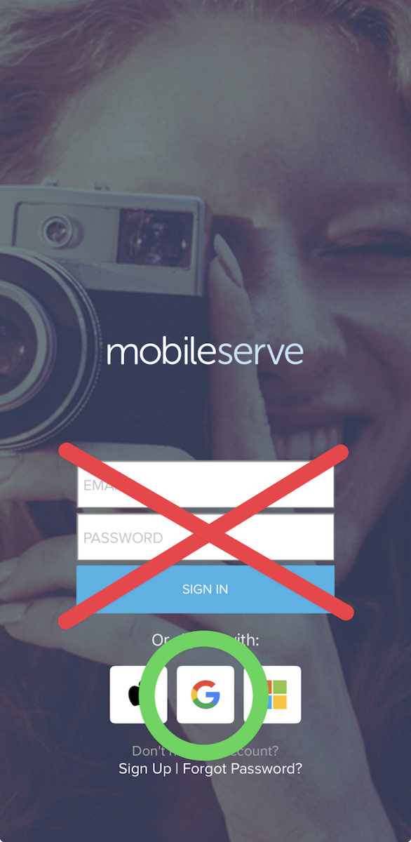 The MobileServe app login screen