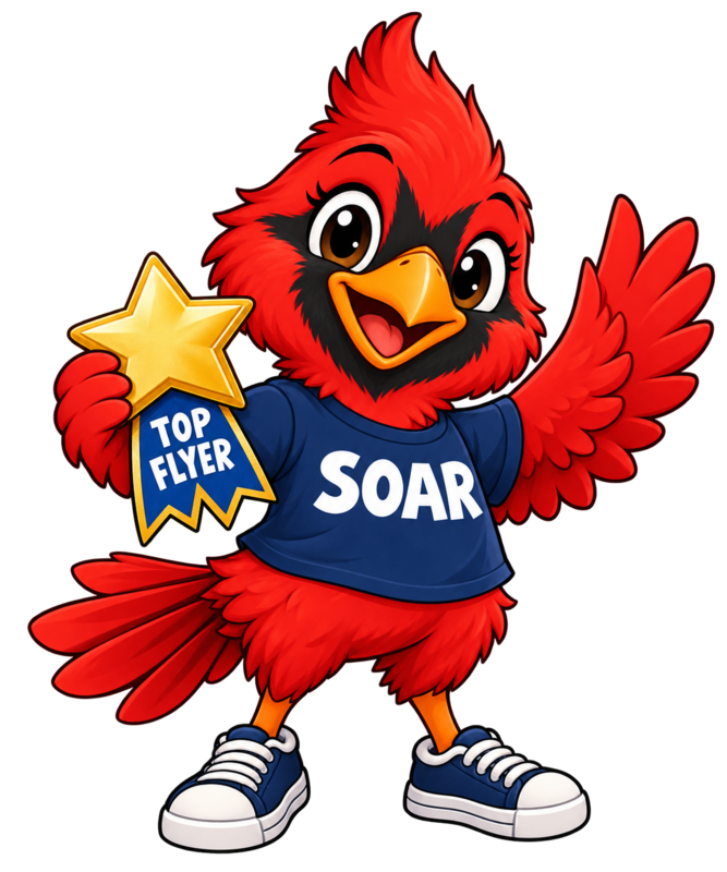 cartoon cardinal with a shirt that says SOAR holding a Top Flyer Award