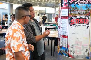 two students looking at an SDSU Poster