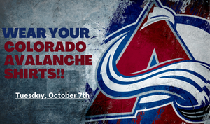 Colorado Avalanche Logo on a background of mountains. Text with Spirit Day information.