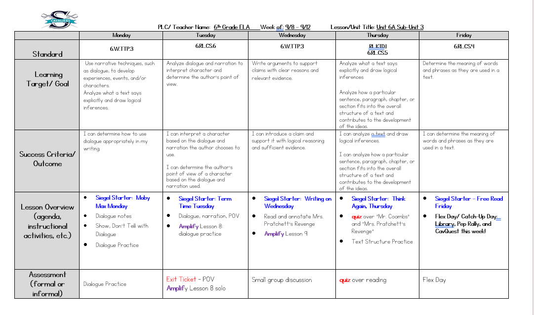ELA Lesson Plans Sept 8 - 12