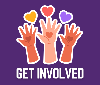 Get Involved with illustrated sticker of three hands reaching towards colorful hearts