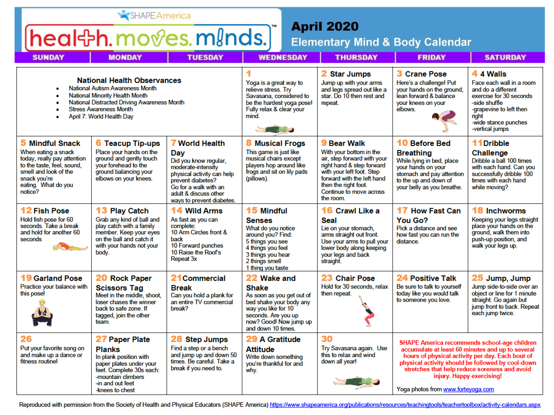 April Mind and Body Calendar